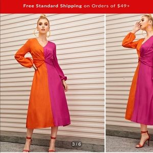 SHEIN Lantern Sleeve Twist Front Two Tone Dress